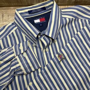 Vintage Tommy Hilfiger Mens Blue Yellow Striped Button Down Shirt Crest Medium